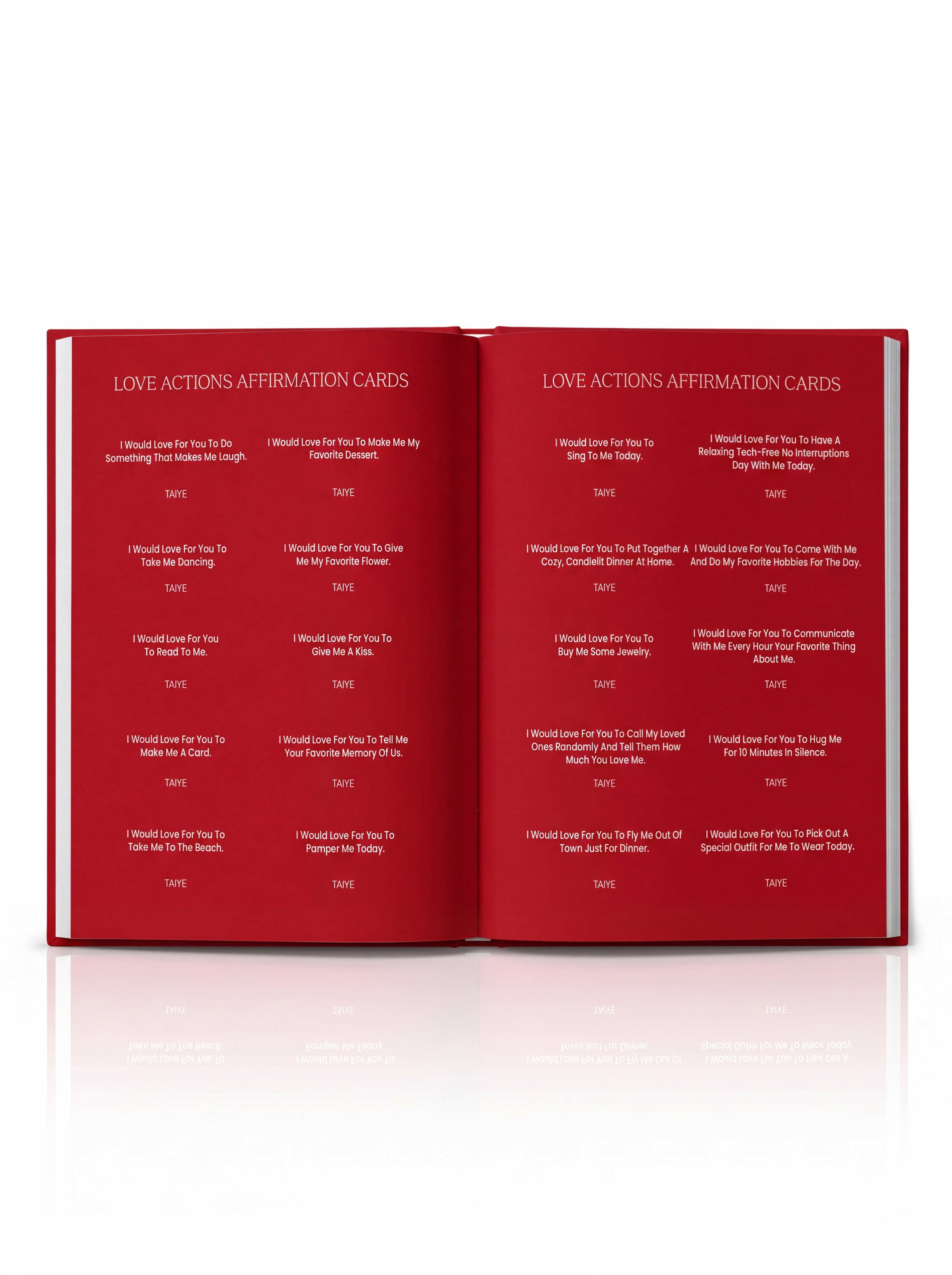Open book with 'Love Actions Affirmation Cards' for couples